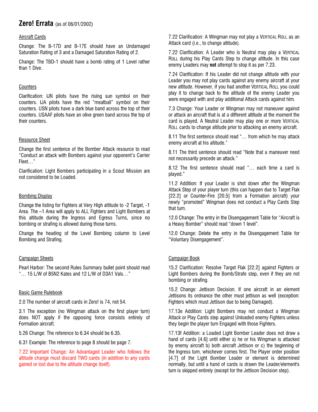 Zero! Errata (As of 06/01/2002) Aircraft Cards Change: the B-17D and B