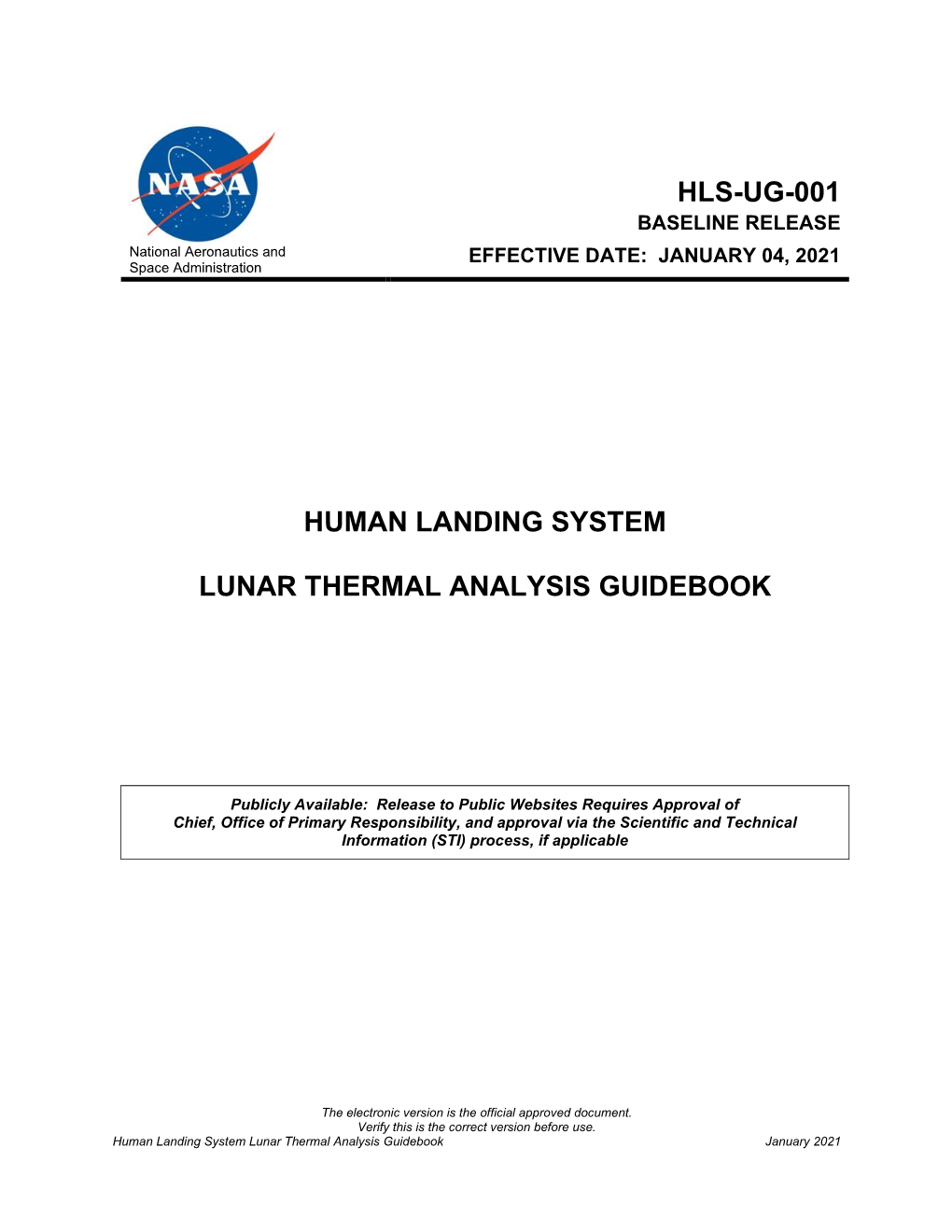 Hls-Ug-001 Human Landing System Lunar Thermal Analysis Guidebook