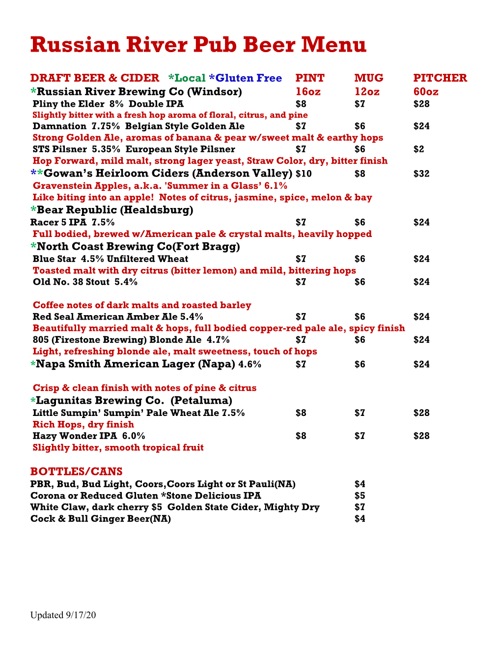 Russian River Pub Beer Menu