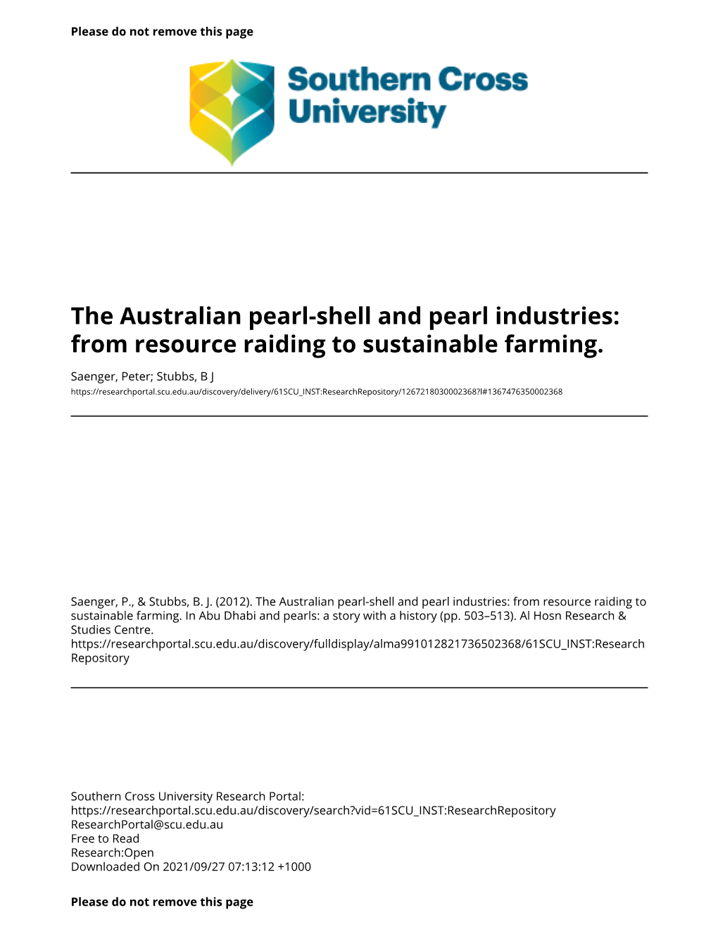 The Australian Pearl-Shell and Pearl Industries: from Resource Raiding to Sustainable Farming