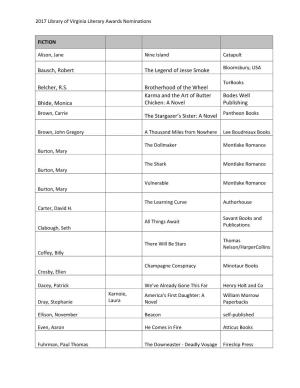 2017 Library of Virginia Literary Awards Nominations