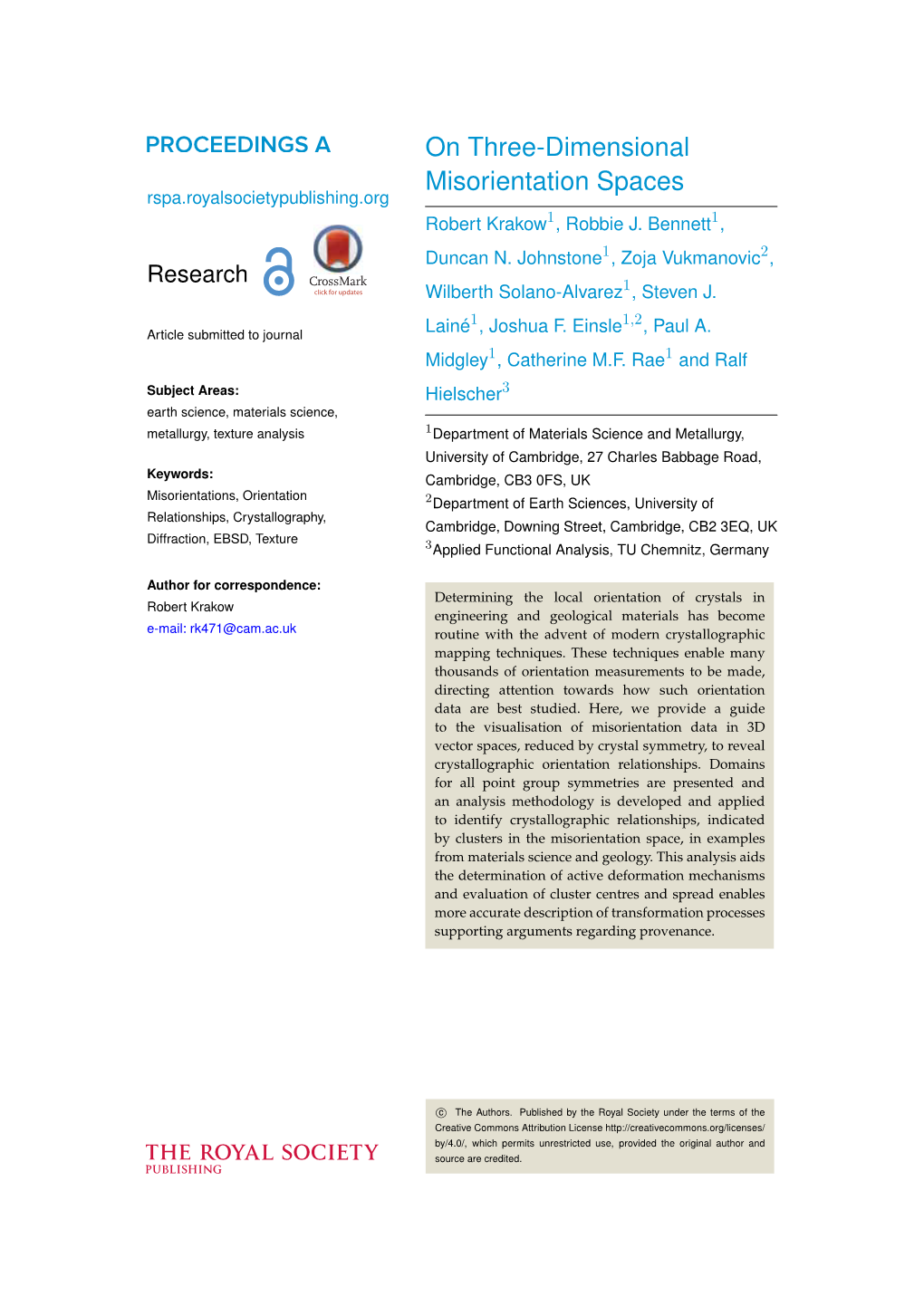 On Three-Dimensional Misorientation Spaces Rspa.Royalsocietypublishing.Org Robert Krakow1, Robbie J