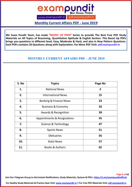 Monthly Current Affairs PDF - June 2019