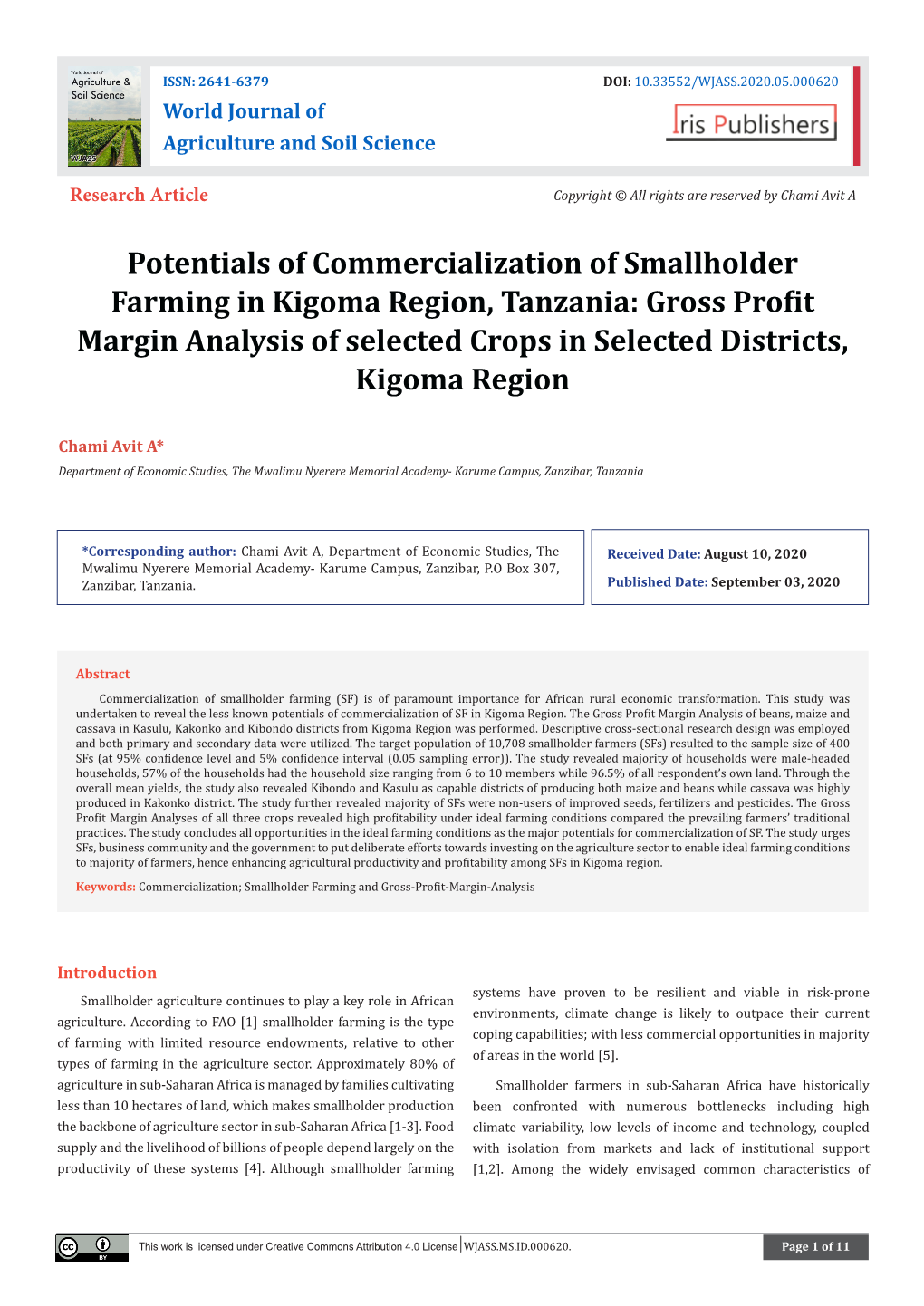 Potentials of Commercialization of Smallholder Farming in Kigoma Region, Tanzania: Gross Profit Margin Analysis of Selected Crops in Selected Districts, Kigoma Region