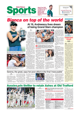 Bianca on Top of the World Ata 19, Andreescu Lives Dream Oof Being Grand Slam Champion