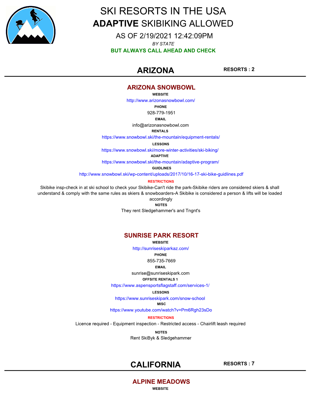 Ski Resorts in the Usa Adaptive Skibiking Allowed As of 2/19/2021 12:42:09Pm by State but Always Call Ahead and Check