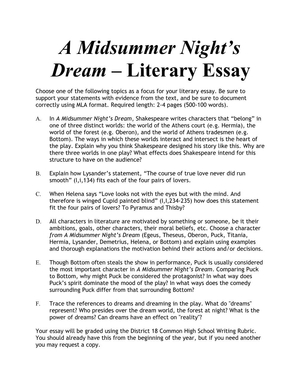 A Midsummer Night S Dream Literary Essay