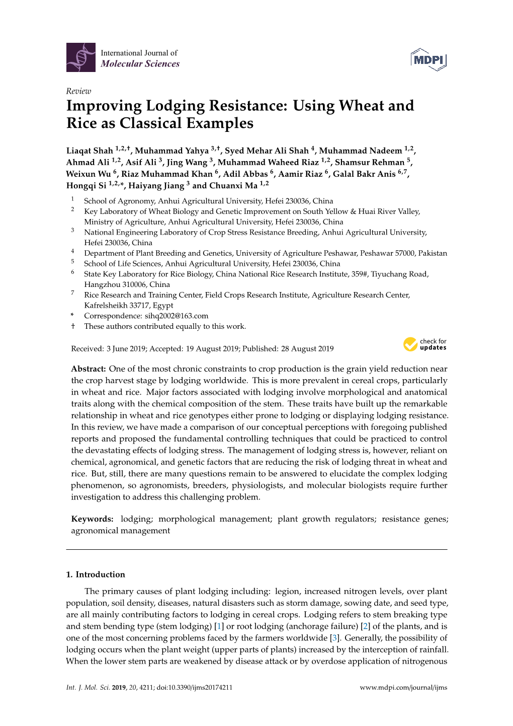 Improving Lodging Resistance: Using Wheat and Rice As Classical Examples