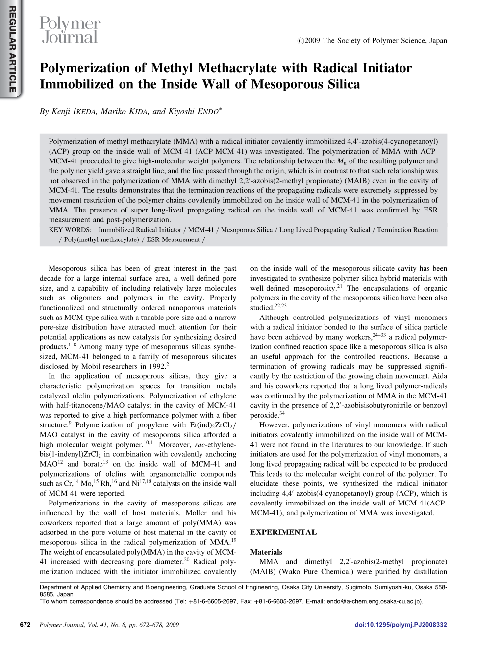 Polymerization of Methyl Methacrylate with Radical Initiator Immobilized on the Inside Wall of Mesoporous Silica