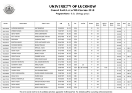 UNIVERSITY of LUCKNOW Overall Rank List of UG Courses-2018 Program Name: B.Sc