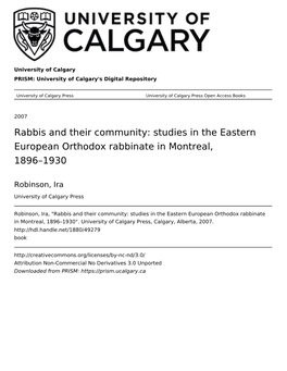 Rabbis and Their Community: Studies in the Eastern European Orthodox Rabbinate in Montreal, 1896–1930