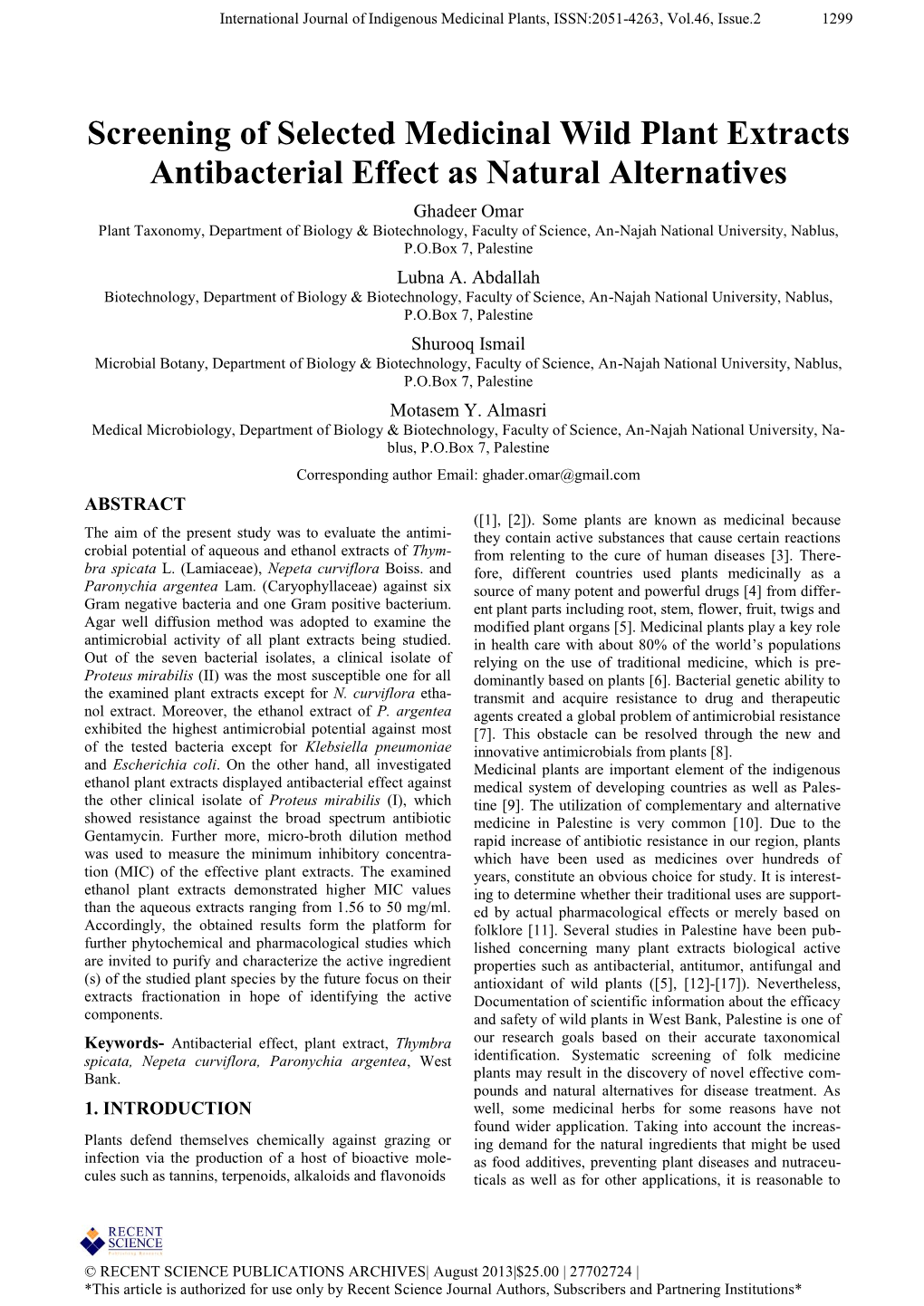 Screening of Selected Medicinal Wild Plant Extracts Antibacterial Effect As Natural Alternatives