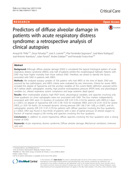 Predictors of Diffuse Alveolar Damage in Patients with Acute Respiratory Distress Syndrome: a Retrospective Analysis of Clinical Autopsies Arnaud W