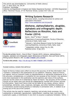 Aksharas, Alphasyllabaries, Abugidas, Alphabets and Orthographic Depth: Reflections on Rimzhim, Katz and Fowler (2014) David L