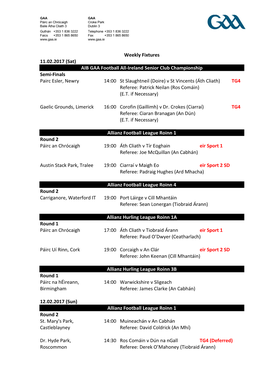 Weekly Fixtures 11.02.2017