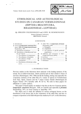 Ethological and Autecological Studies on Canarian Vermileoninae (Diptera Brachycera, Rhagionidae = Leptidae)