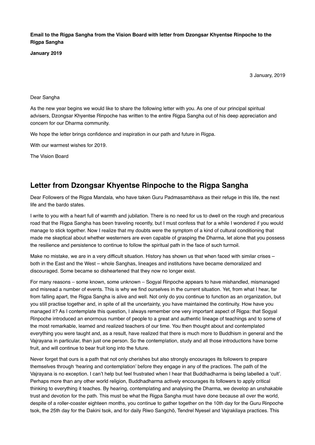 Letter from Dzongsar Khyentse Rinpoche to the Rigpa Sangha