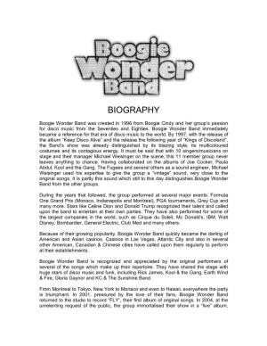 Boogie Wonder Band in 1996 Was Born out of the Passion of Boogie Cindy and Her Colleagues for Disco Music from the Seventies