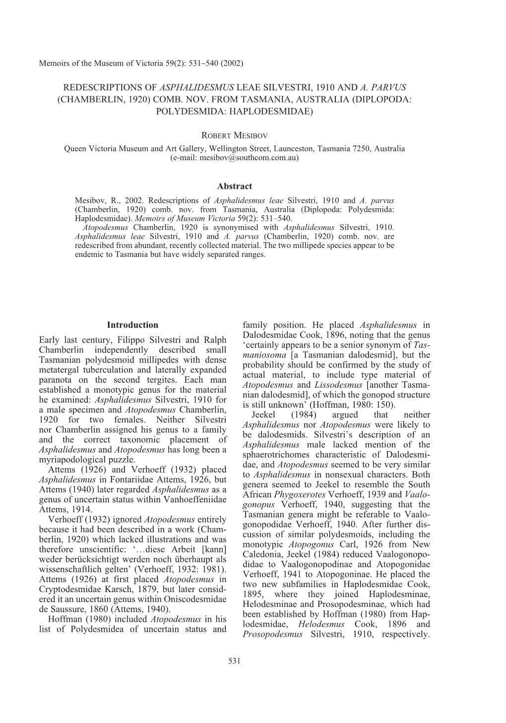 Redescriptions of Asphalidesmus Leae Silvestri, 1910 and A. Parvus (Chamberlin, 1920) Comb