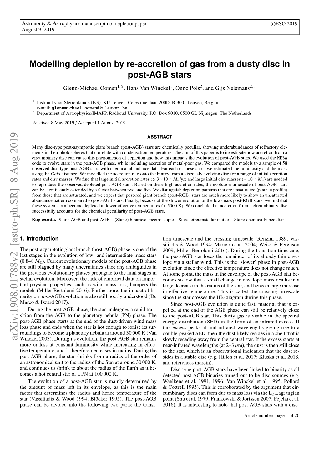 Modelling Depletion by Re-Accretion of Gas from a Dusty Disc in Post-AGB Stars Glenn-Michael Oomen1, 2, Hans Van Winckel1, Onno Pols2, and Gijs Nelemans2, 1