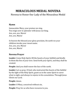 MIRACULOUS MEDAL NOVENA Novena to Honor Our Lady of the Miraculous Medal