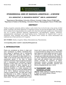 Ethnomedical Uses of Madhuca Longifolia – a Review