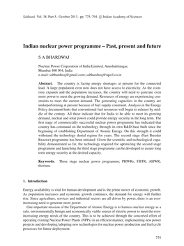 Indian Nuclear Power Programme – Past, Present and Future