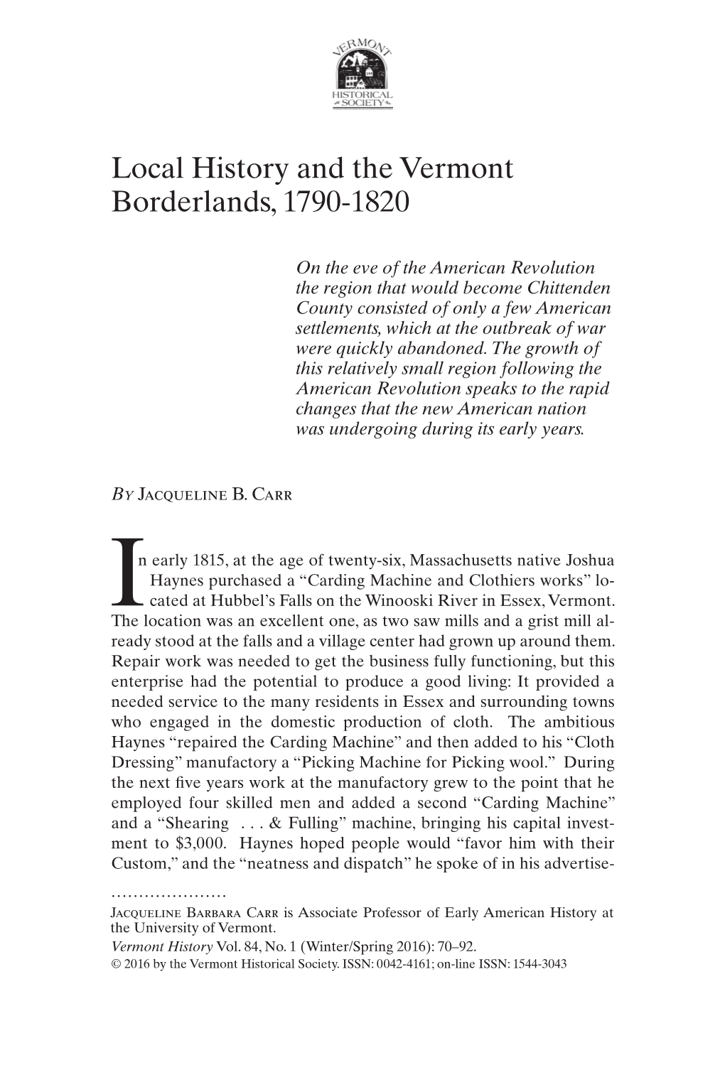 Local History and the Vermont Borderlands, 1790-1820