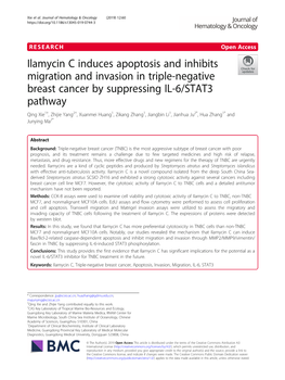 Ilamycin C Induces Apoptosis and Inhibits Migration and Invasion In