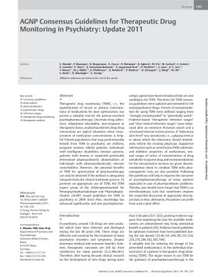 AGNP Consensus Guidelines for Therapeutic Drug Monitoring in Psychiatry: Update 2011