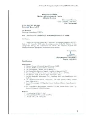 Minutes of 27Th Meeting of the Standing Committee of National Board for Wildlife Held on 12Th