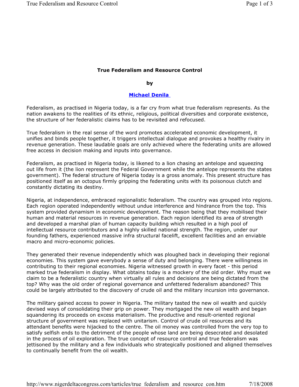 True Federalism and Resource Control Page 1 of 3