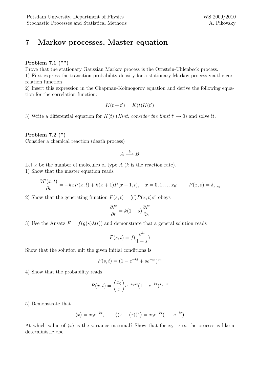 7 Markov Processes, Master Equation