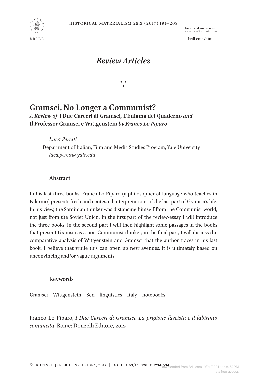 Review Articles Gramsci, No Longer a Communist?