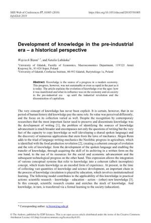 Development of Knowledge in the Pre-Industrial Era – a Historical Perspective