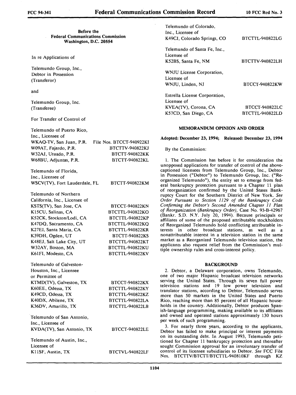 Federal Communications Commission Record 10 FCC Red No