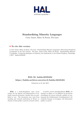 Standardizing Minority Languages Costa James, Haley De Korne, Pia Lane