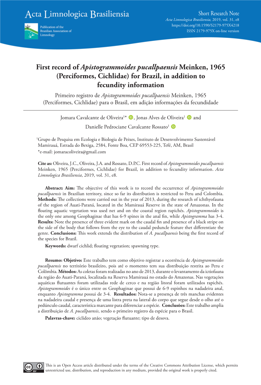 First Record of Apistogrammoides Pucallpaensis Meinken, 1965