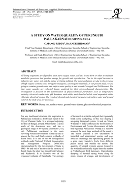 A Study on Water Quality of Perungudi Pallakarnai