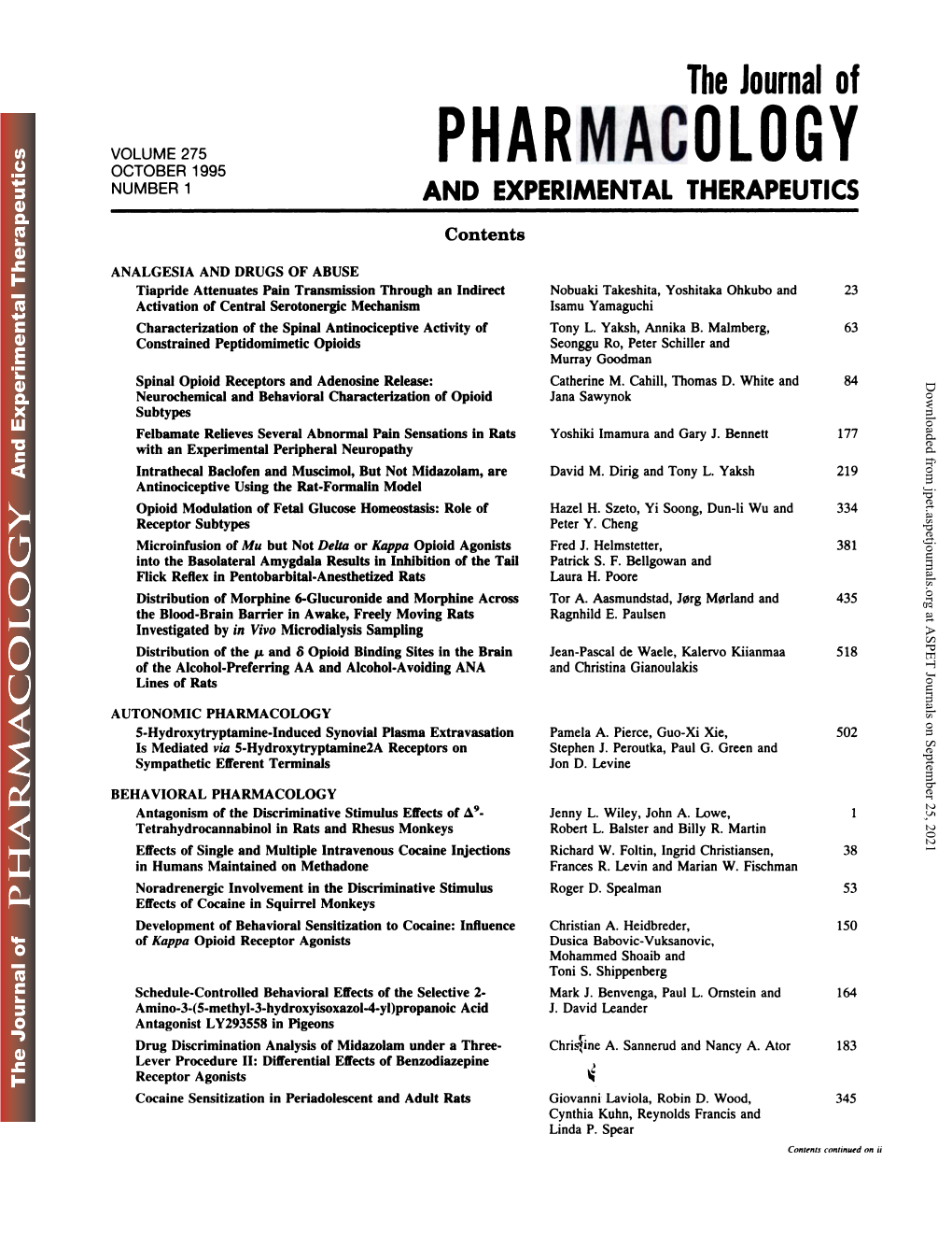 Pharmacology October 1995 Number 1 and Experimental Therapeutics