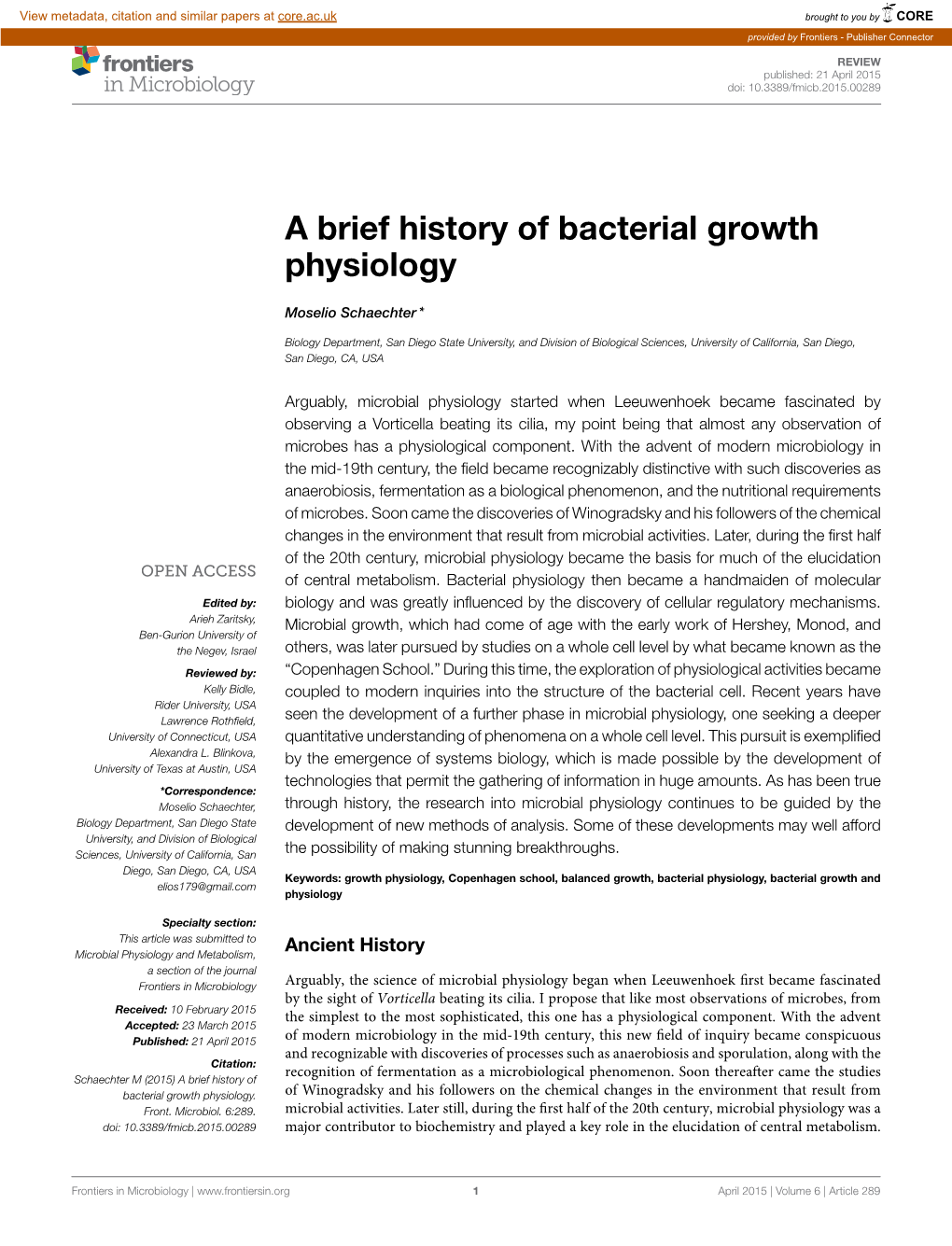 A Brief History of Bacterial Growth Physiology