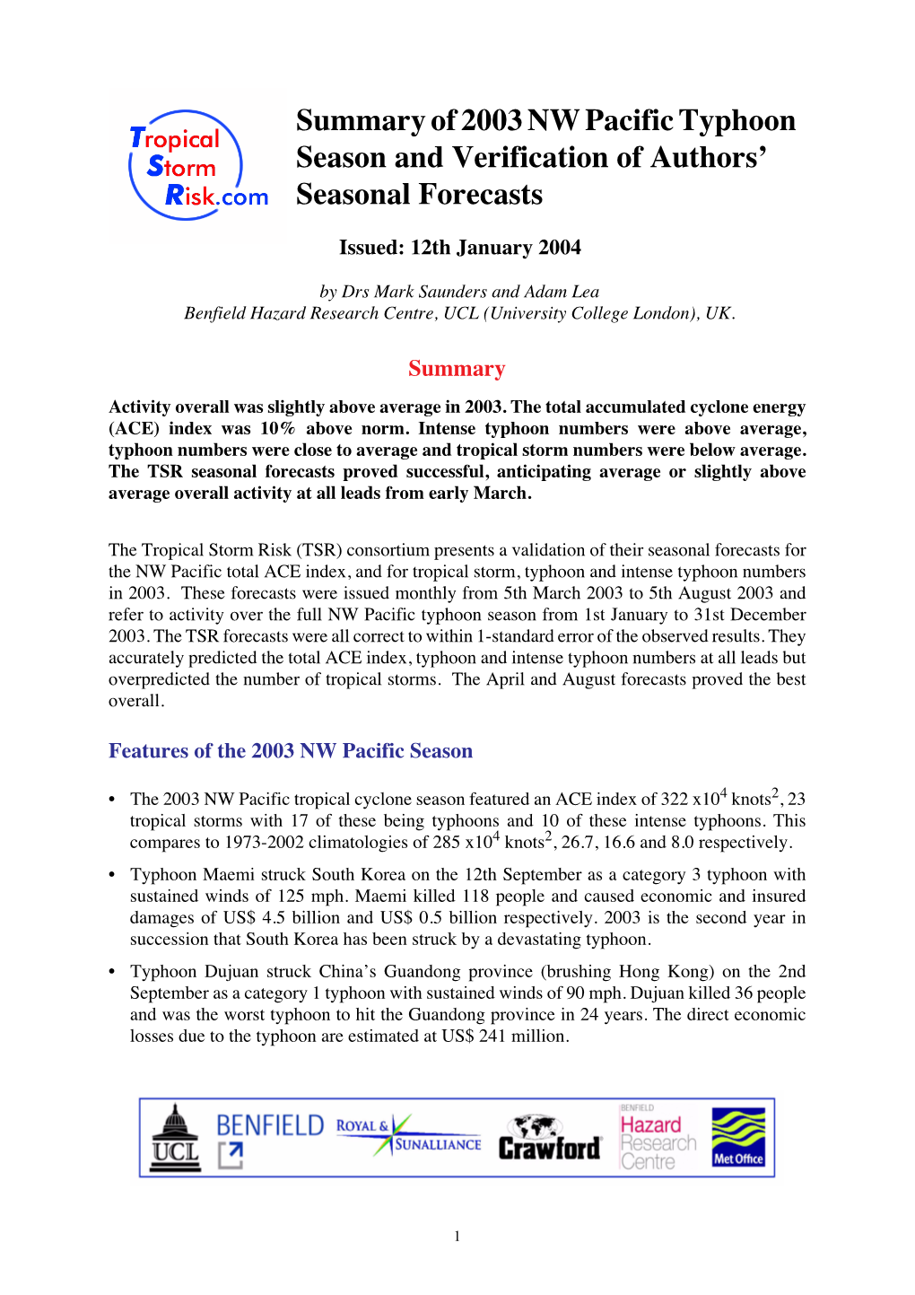 Summary of 2003 NW Pacific Typhoon Season and Verification of Authors’ Seasonal Forecasts