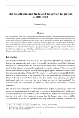 The Newfoundland Trade and Devonian Migration C. 1600ÂŒ1850