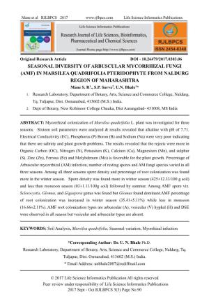 SEASONAL DIVERSITY of ARBUSCULAR MYCORRHIZAL FUNGI (AMF) in MARSILEA QUADRIFOLIA PTERIDOPHYTE from NALDURG REGION of MAHARASHTRA Mane S