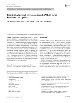 Transient Abnormal Myelopoiesis and AML in Down Syndrome: an Update