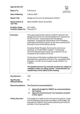 Report Title: Budget and Council Tax Resolutions 2020/21
