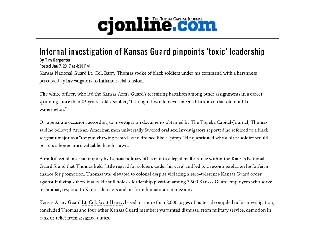 Internal Investigation of Kansas Guard Pinpoints ‘Toxic’ Leadership by Tim Carpenter Posted Jan 7, 2017 at 4:30 PM Kansas National Guard Lt