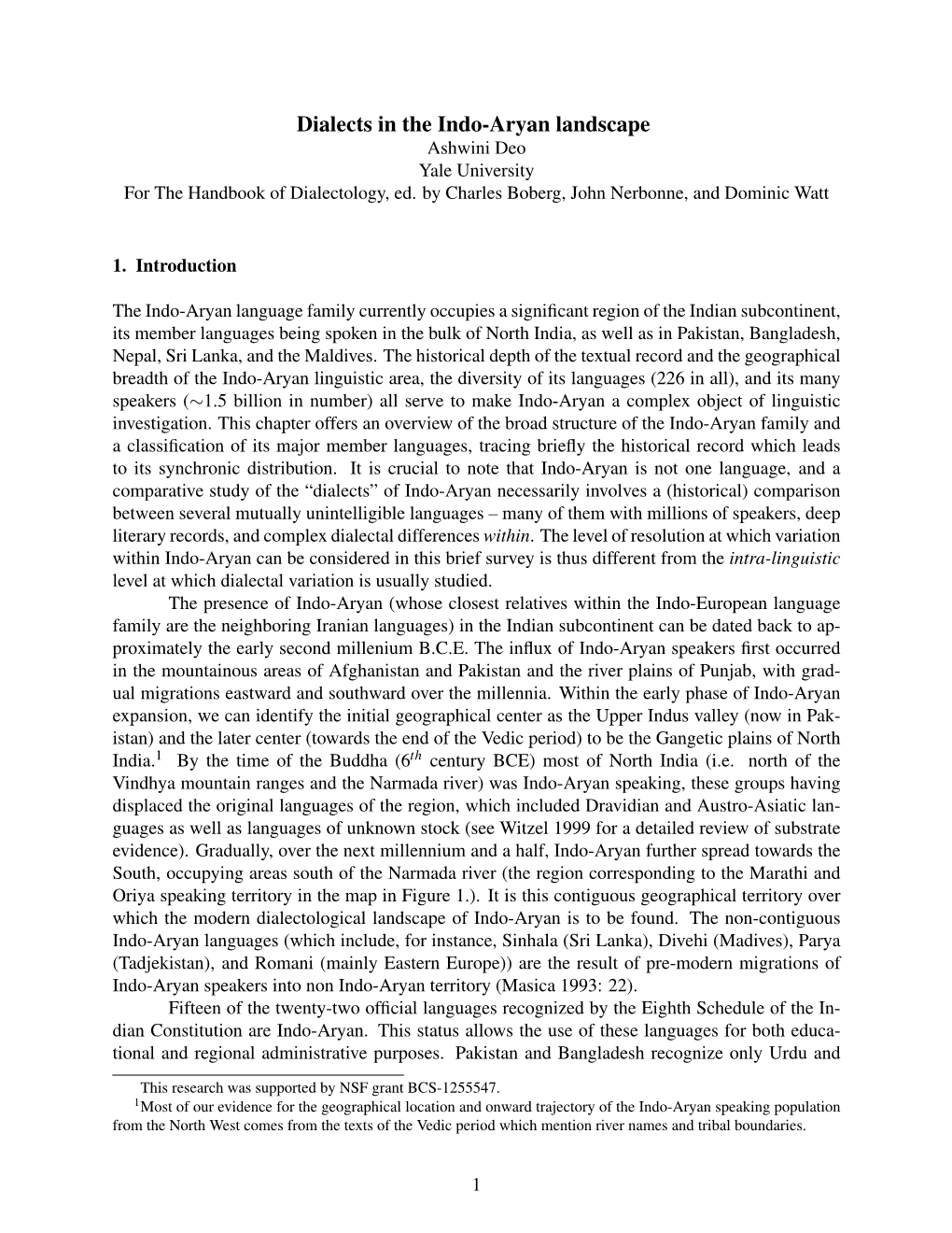 Dialects in the Indo-Aryan Landscape Ashwini Deo Yale University for the Handbook of Dialectology, Ed