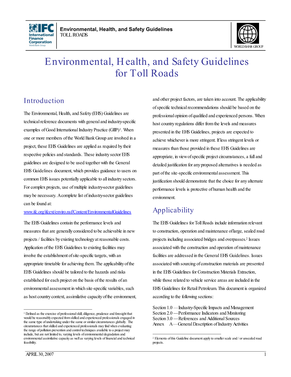 Environmental, Health, and Safety Guidelines for Toll Roads