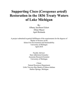 Supporting Cisco (Coregonus Artedi) Restoration in the 1836 Treaty Waters of Lake Michigan